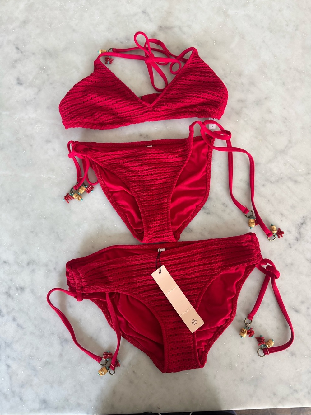 Nanette Lepore Red Crochet Textured Bikini Set